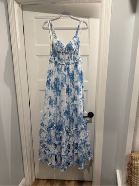 Blue Floral A-Line Bridesmaid Dress – Corset Back – Size 8 – Worn Once